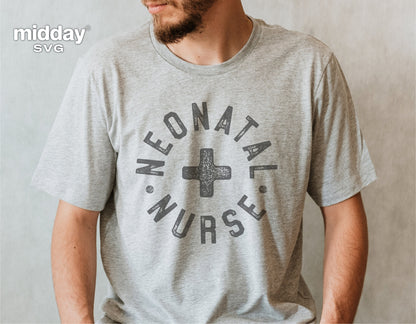 Grey t-shirt featuring 'Neonatal Nurse' design for medical professionals. Perfect for use with Cricut and Silhouette cutting machines.
