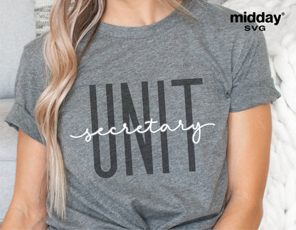 Gray t-shirt with 'Unit Secretary' text, ideal for unit secretary appreciation or hospital-themed projects, featuring script font.
