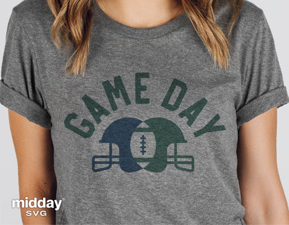 Gray t-shirt featuring 'Game Day' text with overlapping football helmets design.
