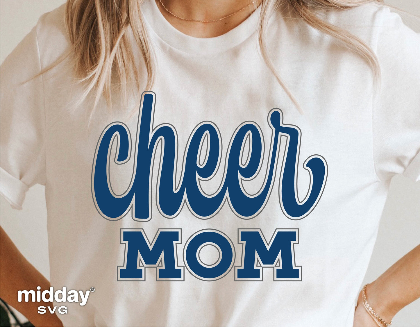 White t-shirt with blue 'Cheer Mom' graphic design, ideal for Cricut and Silhouette projects, sublimation, and digital downloads.