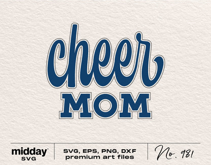 Cheer Mom SVG design in blue for Cricut and Silhouette, available in SVG, PNG, DXF, and EPS formats for digital download.