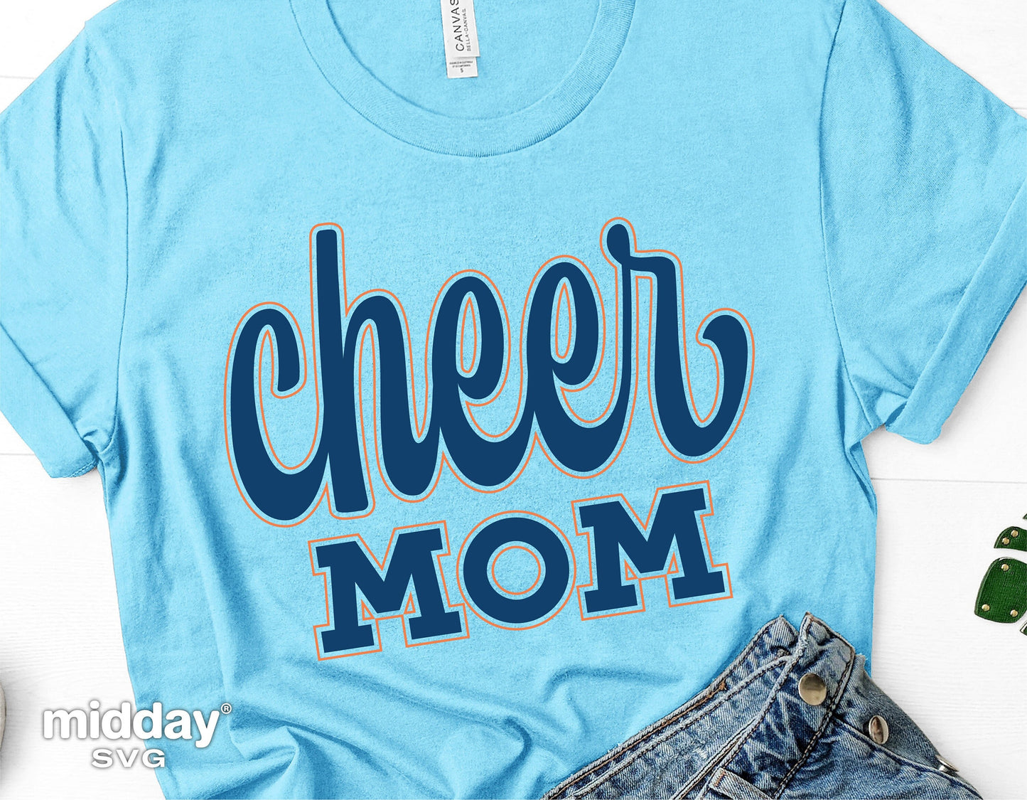 Light blue t-shirt with 'Cheer Mom' design for Cricut and Silhouette crafting projects.