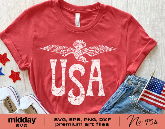 Red shirt with eagle and USA text design, perfect for 4th of July, available in SVG, EPS, PNG, DXF formats for Cricut and Silhouette.