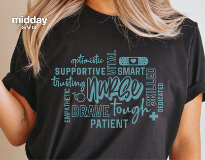 Nurse word art design on t-shirt with words like optimistic, supportive, smart, and skilled, featuring a stethoscope and Band-Aid graphic.