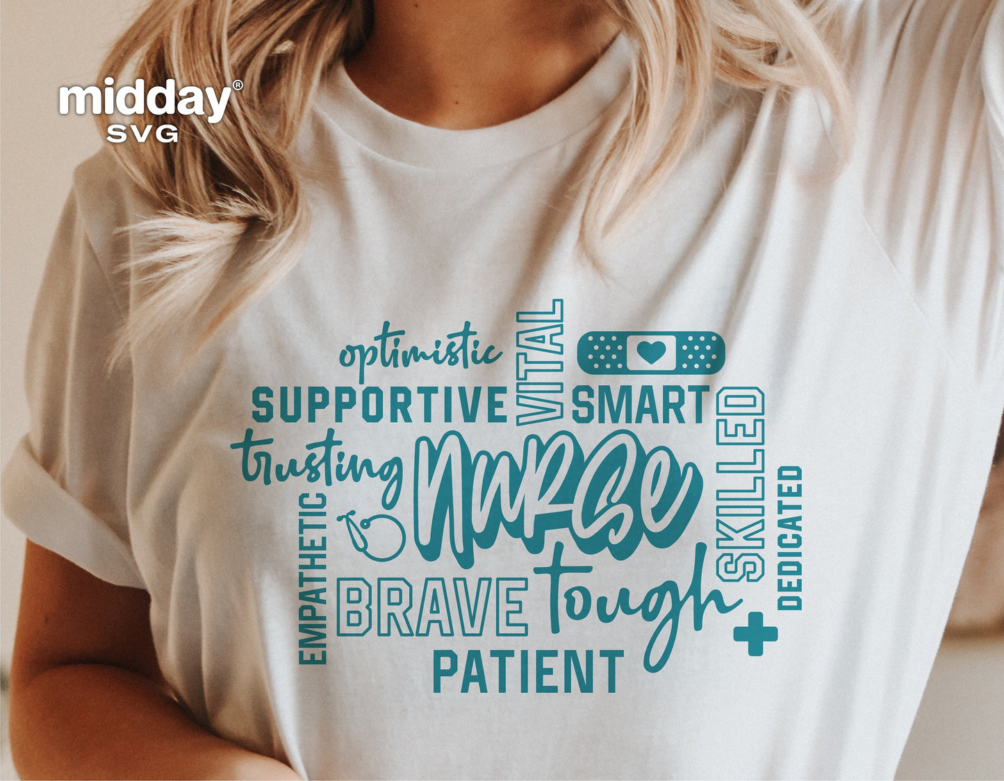 Woman wearing a white t-shirt with nurse word art design featuring words like brave, skilled, and supportive, along with stethoscope graphic.