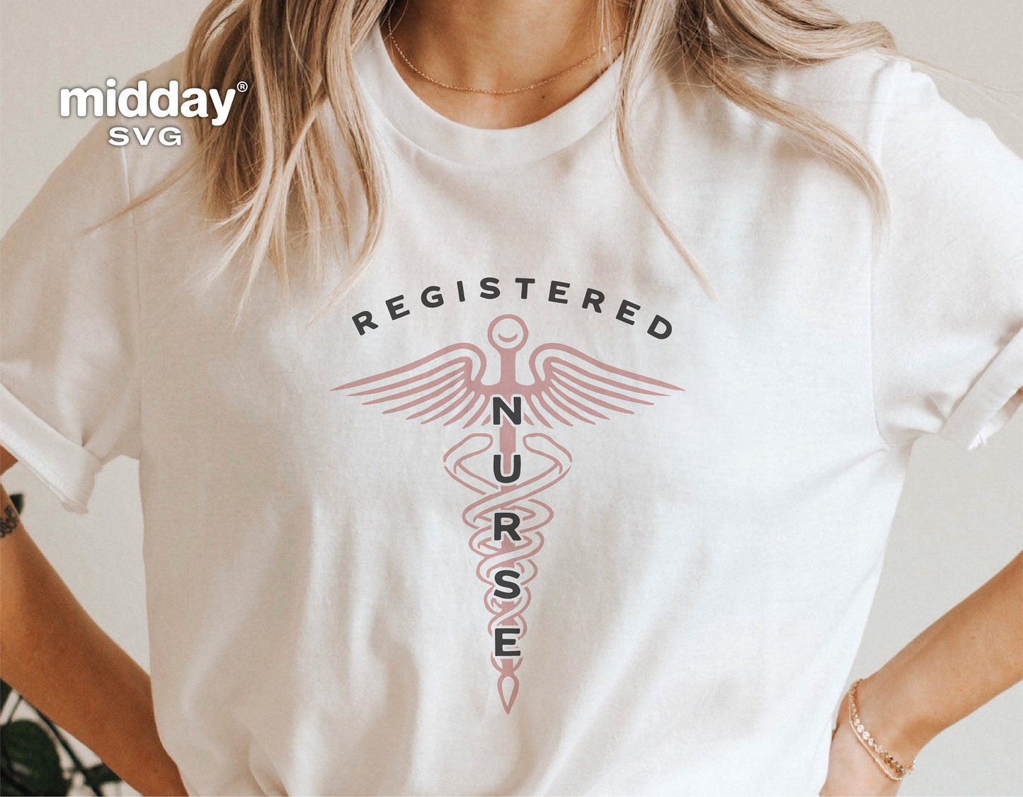 White t-shirt featuring Registered Nurse caduceus design with pink details, ideal for RN gifts and nurse-themed apparel.