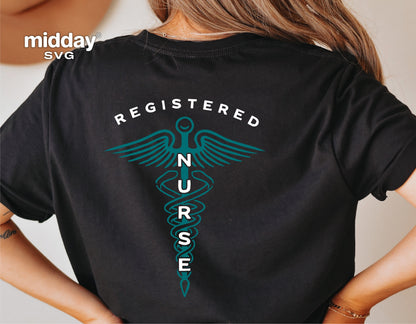 Black shirt featuring a Registered Nurse design with caduceus symbol, perfect for male nurse gifts and projects using Cricut or Silhouette.