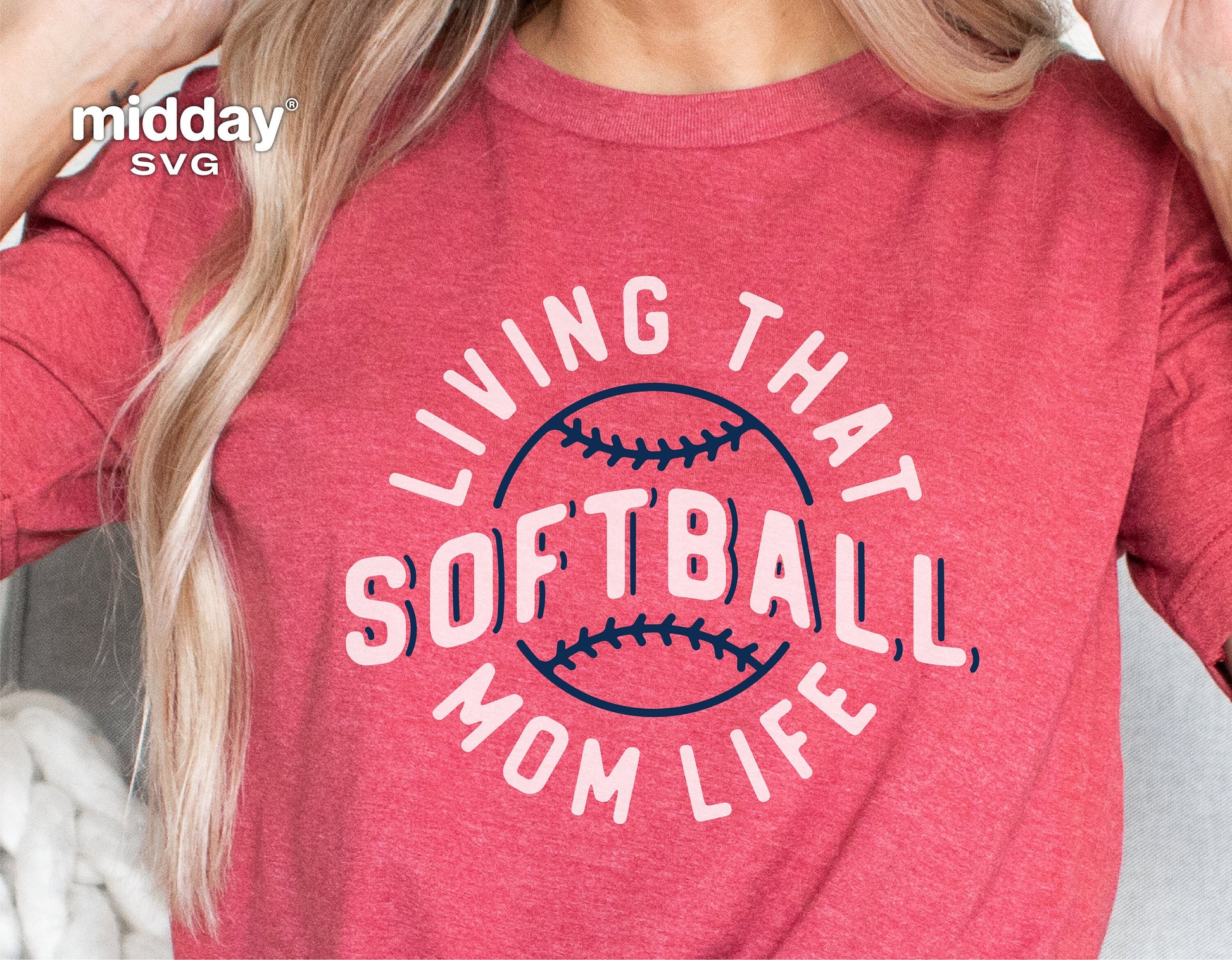 Red shirt with 'Living That Softball Mom Life' design for Cricut cut files and sublimation projects.