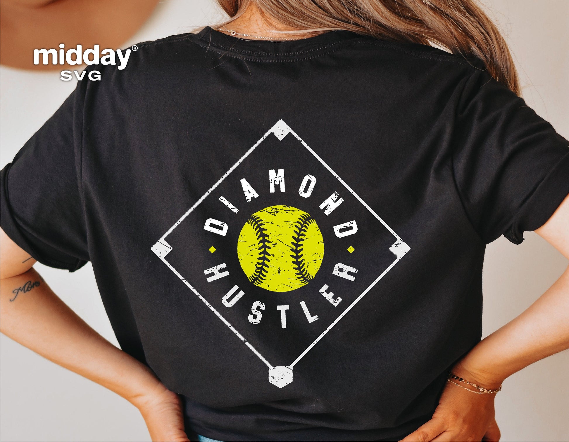 Back of a black t-shirt with 'Diamond Hustler' softball design for Cricut, Silhouette, and sublimation projects.
