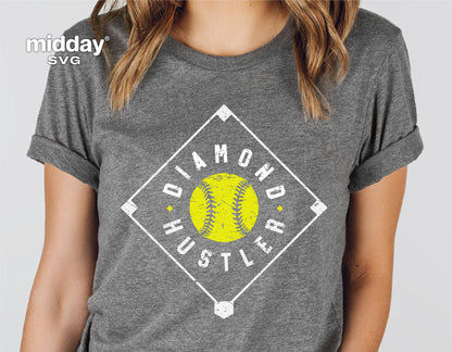 Gray t-shirt featuring a 'Diamond Hustler' softball design, perfect for Cricut or Silhouette projects and sublimation printing.