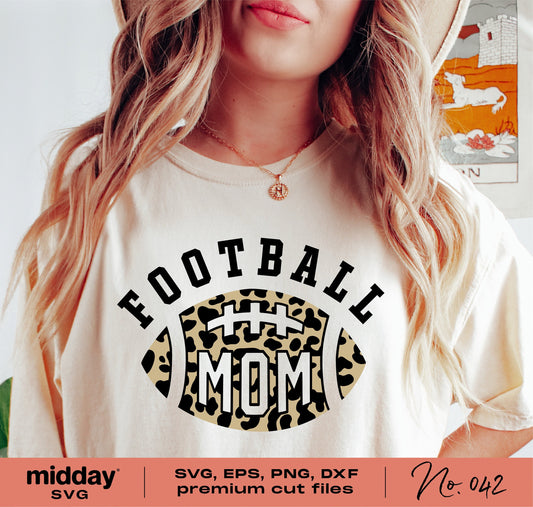 Woman wearing a t-shirt with a leopard print 'Football Mom' design, available in SVG, EPS, PNG, DXF formats for Cricut and Silhouette.