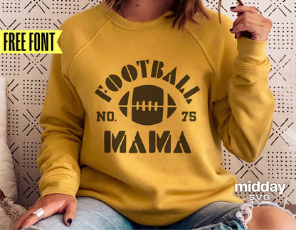 Woman wearing a yellow sweatshirt with 'Football Mama' design suitable for Cricut and Silhouette projects, featuring free font offer.