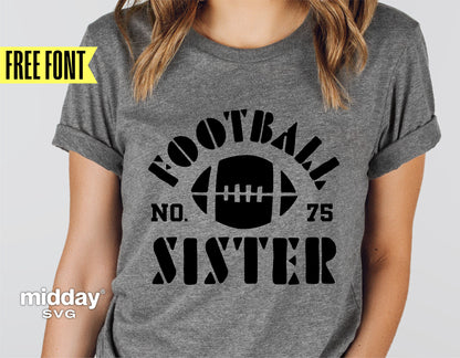 Woman wearing a grey t-shirt with 'Football Sister No. 75' design for Cricut and Silhouette projects.