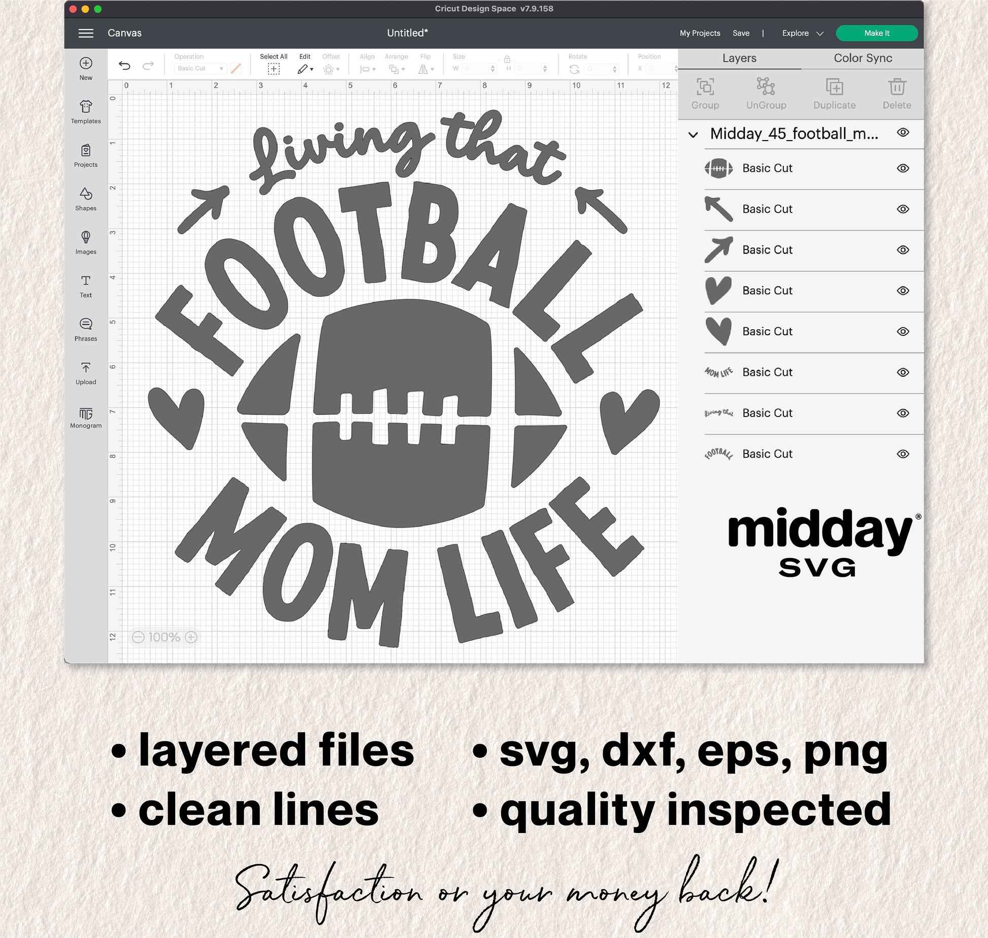 Living that Football Mom Life SVG, DXF, PNG, EPS design for Cricut, Silhouette featuring layered football graphic with clean lines.