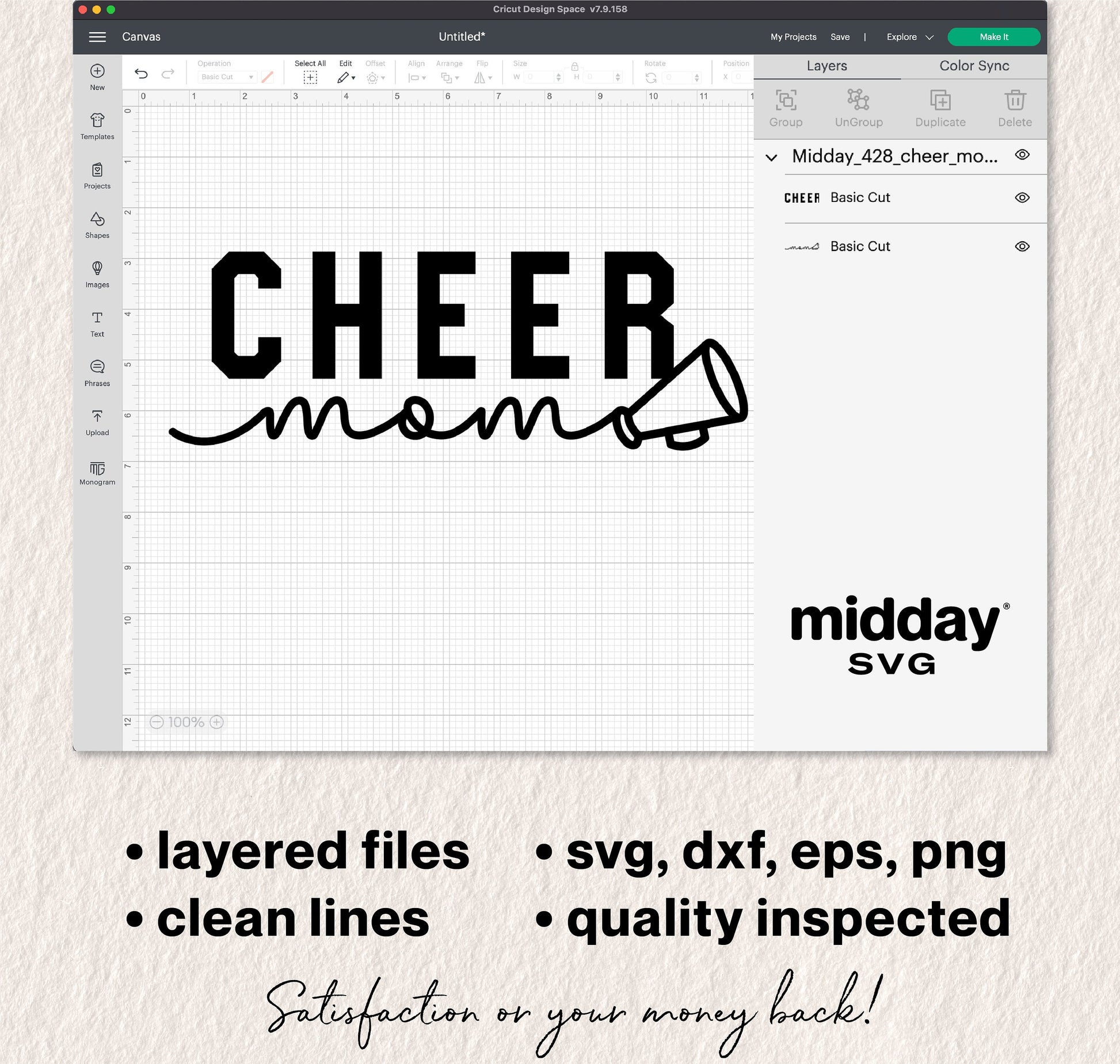 Cheer Mom megaphone SVG file displayed in design software with layered vector formats including SVG, DXF, EPS, and PNG for Cricut and Silhouette.