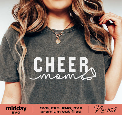 Cheer Mom shirt featuring a megaphone design, available in SVG, EPS, PNG, and DXF formats for Cricut and Silhouette cutting machines.