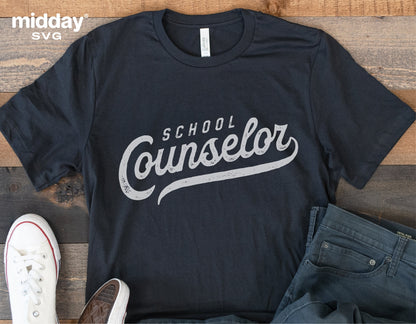 School Counselor shirt in black with white text for Cricut and Silhouette projects, features SVG and digital download options.