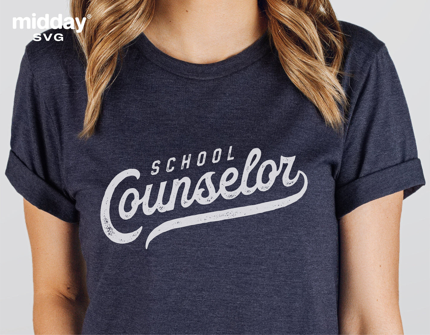 Dark blue shirt with 'School Counselor' text, perfect for Cricut and Silhouette projects, available as a digital download in multiple file formats.