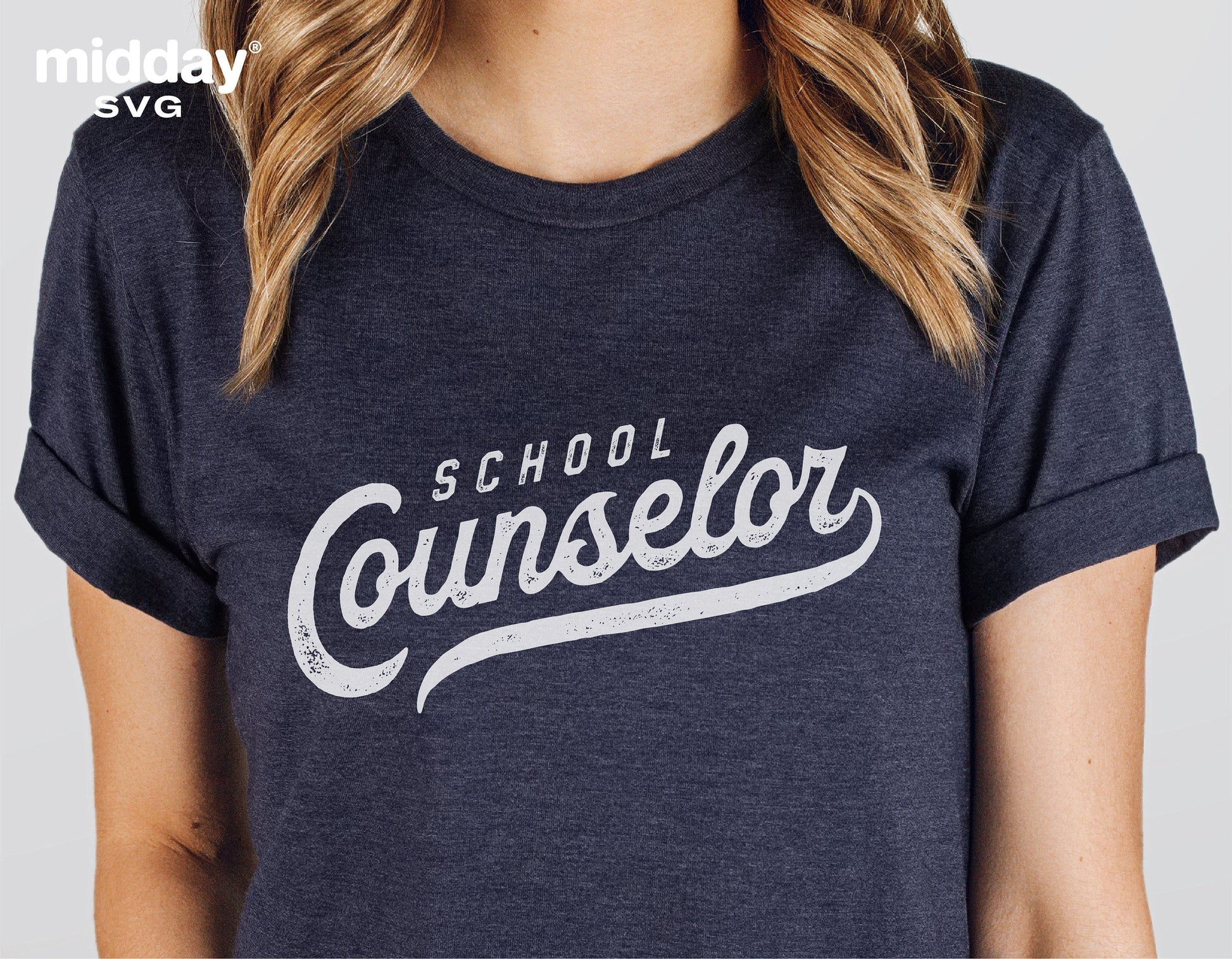 Dark blue shirt with 'School Counselor' text, perfect for Cricut and Silhouette projects, available as a digital download in multiple file formats.