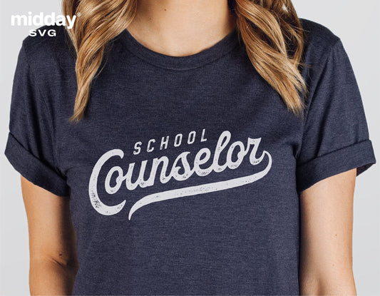Dark blue shirt with 'School Counselor' text, perfect for Cricut and Silhouette projects, available as a digital download in multiple file formats.