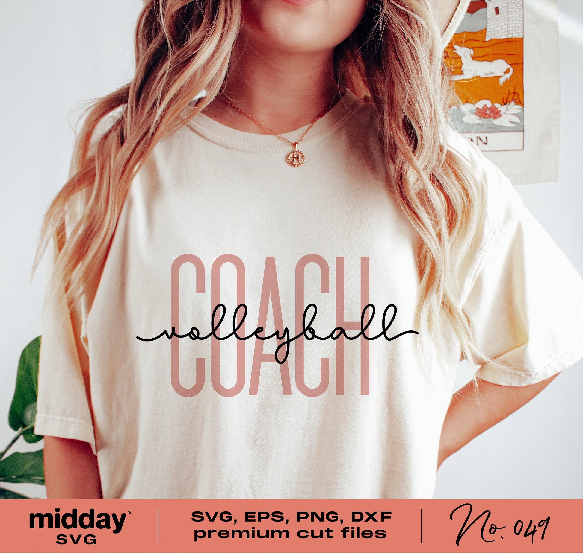Woman wearing a volleyball coach shirt, displayed with SVG, EPS, PNG, DXF cut files for Cricut and Silhouette, digital download available.