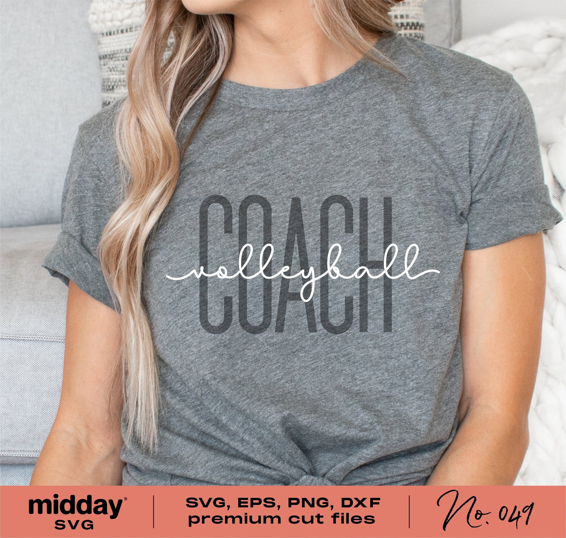 Gray t-shirt with 'Volleyball Coach' text, showcasing SVG, PNG, EPS, DXF cut files for Cricut and Silhouette Studio.