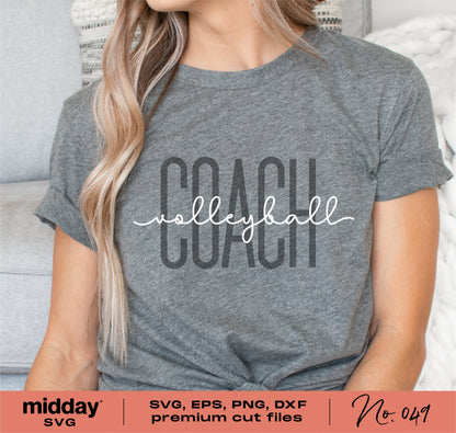 Gray t-shirt with 'Volleyball Coach' text, showcasing SVG, PNG, EPS, DXF cut files for Cricut and Silhouette Studio.