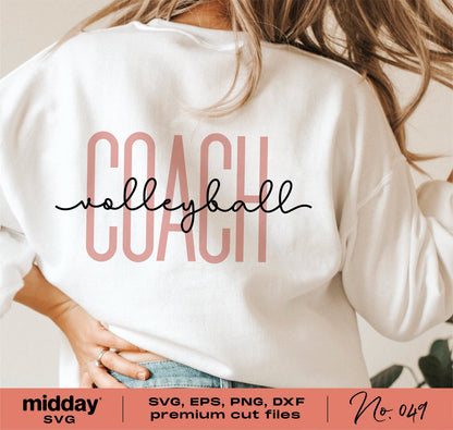Woman wearing white shirt with 'Volleyball Coach' design; available as SVG, PNG, DXF, EPS for Cricut and Silhouette use