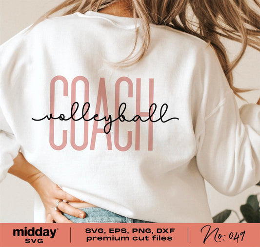 Woman wearing white shirt with 'Volleyball Coach' design; available as SVG, PNG, DXF, EPS for Cricut and Silhouette use