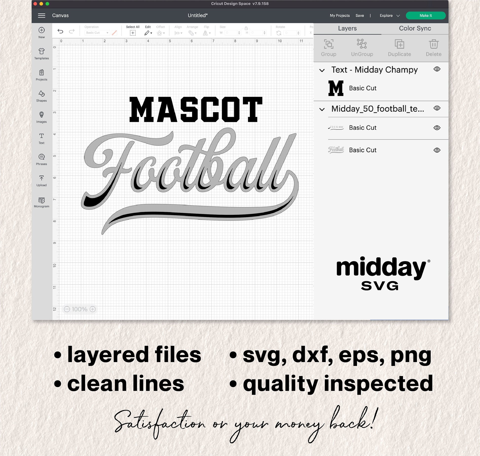 Football team template SVG displayed in design software, featuring 'Mascot Football' text, ideal for Cricut and Silhouette projects.