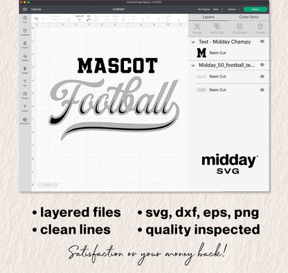 Football team template SVG displayed in design software, featuring 'Mascot Football' text, ideal for Cricut and Silhouette projects.