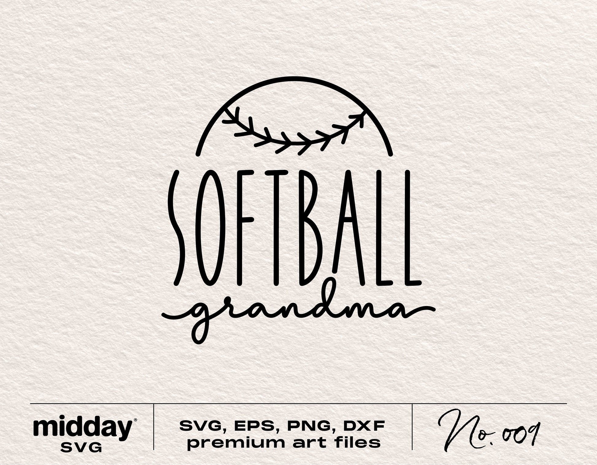 Softball Grandma SVG graphic with baseball stitching design, available in SVG, EPS, PNG, and DXF formats for Cricut and Silhouette.