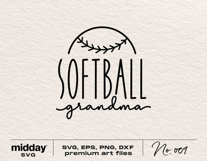 Softball Grandma SVG graphic with baseball stitching design, available in SVG, EPS, PNG, and DXF formats for Cricut and Silhouette.