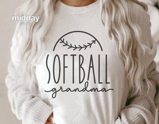 Woman wearing a shirt with 'Softball Grandma' design, ideal for Cricut, Silhouette, and sublimation projects.