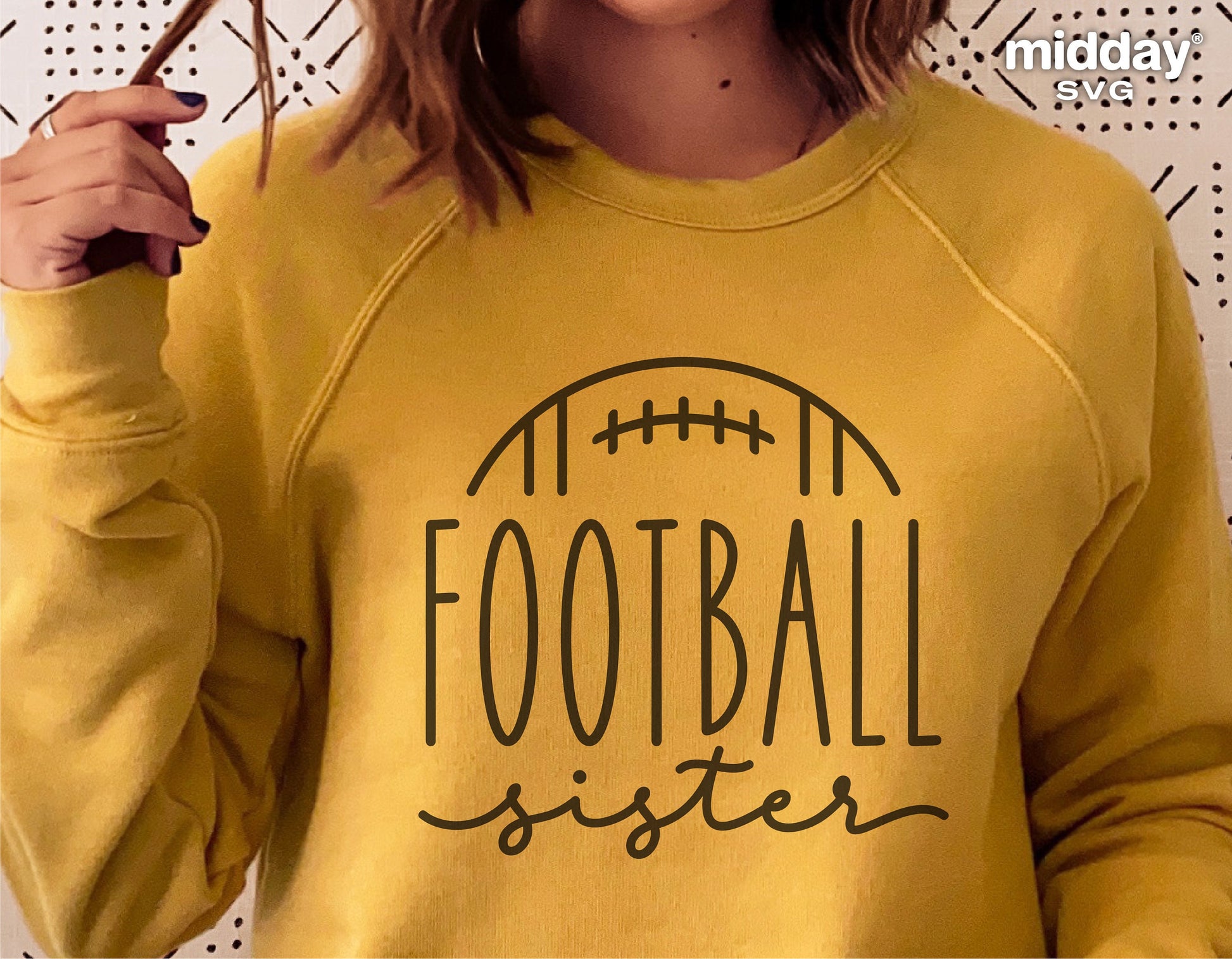 Yellow sweatshirt with 'Football Sister' design, suitable for Cricut and Silhouette projects, ideal for tumbler, visor, and sublimation.