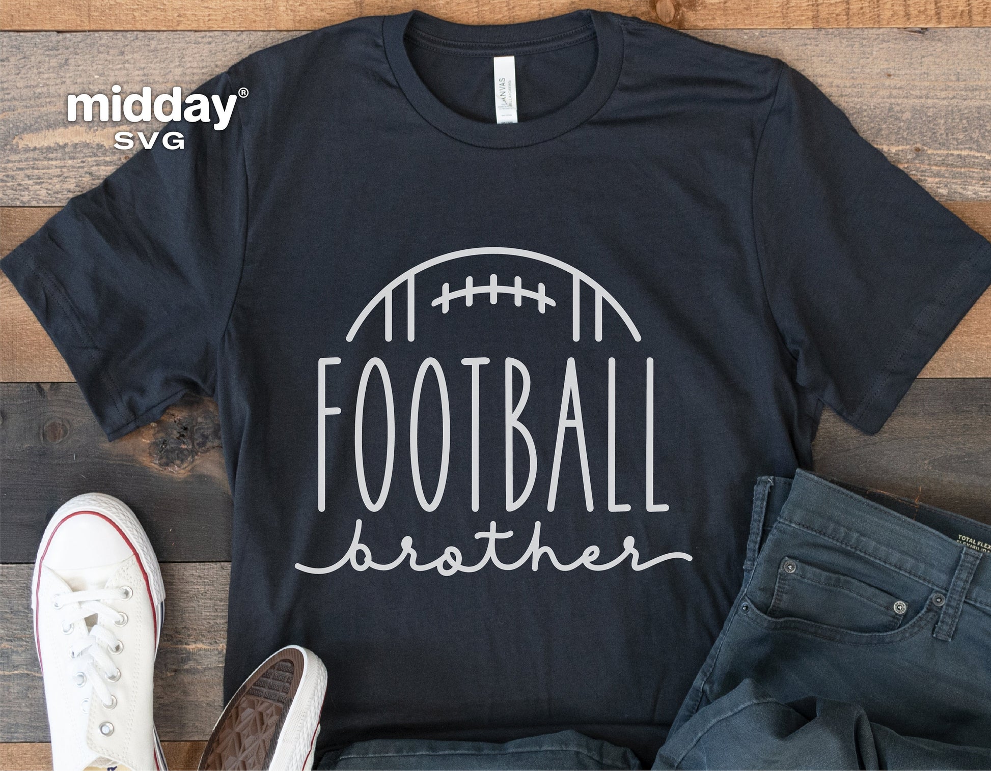 Black 'Football Brother' t-shirt with sneaker and jeans, perfect for Cricut and Silhouette crafting.
