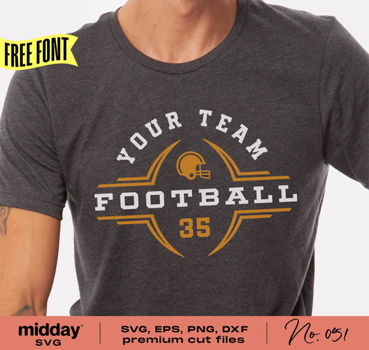 Custom football team shirt with helmet logo, suitable for Cricut and Silhouette projects. Available in SVG, PNG, DXF, EPS formats.