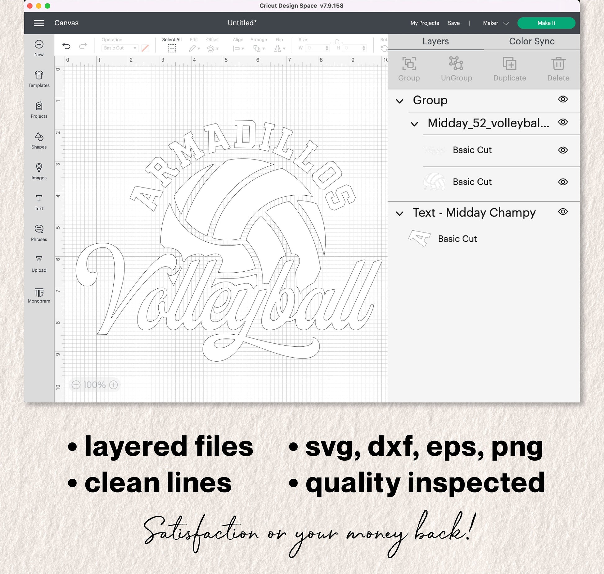 Volleyball team template design for Cricut shown with layered files in SVG, DXF, EPS, PNG formats, featuring 'Armadillos Volleyball' text.