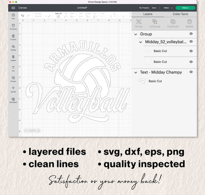 Volleyball team template design for Cricut shown with layered files in SVG, DXF, EPS, PNG formats, featuring 'Armadillos Volleyball' text.