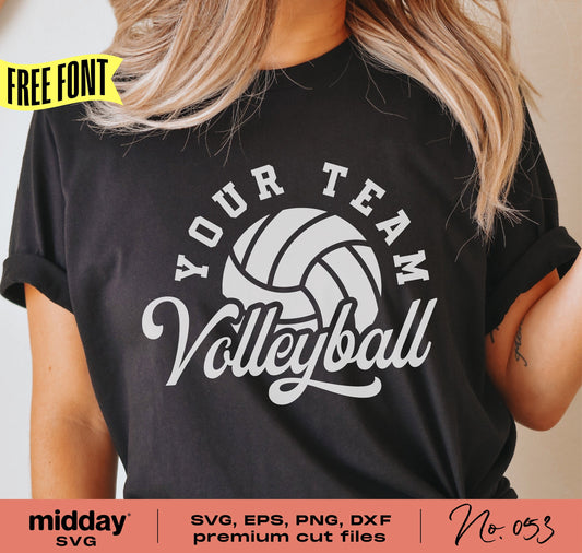Woman wearing black shirt with custom volleyball team logo, available in SVG, EPS, PNG, DXF for Cricut and cutting projects.
