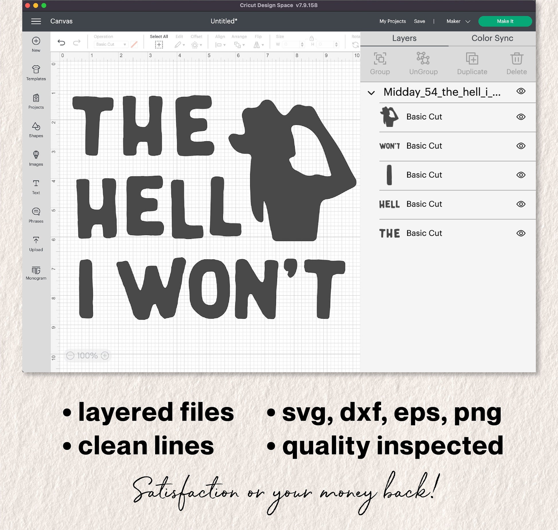 "The Hell I Won't" funny Cricut design, available in svg, dxf, eps, png formats for witty and sassy crafting projects.