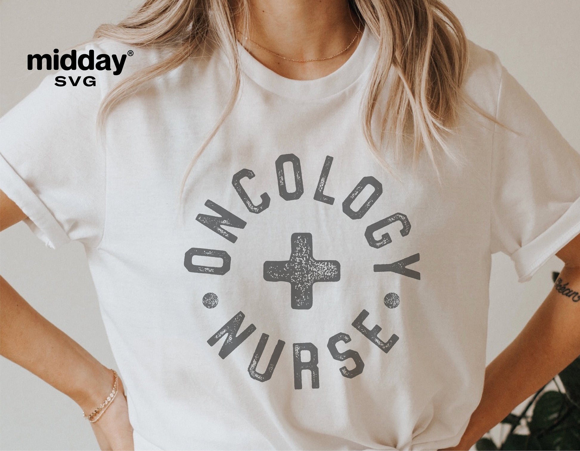 Woman wearing white t-shirt with 'Oncology Nurse' design, ideal for badge reels, shirts, and Cricut or Silhouette projects.