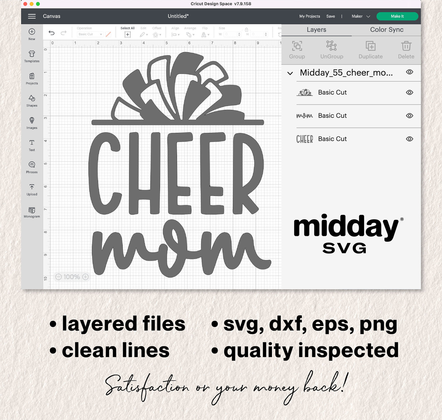 Cheer Mom SVG design in Cricut software showing layered files and formats for crafting.
