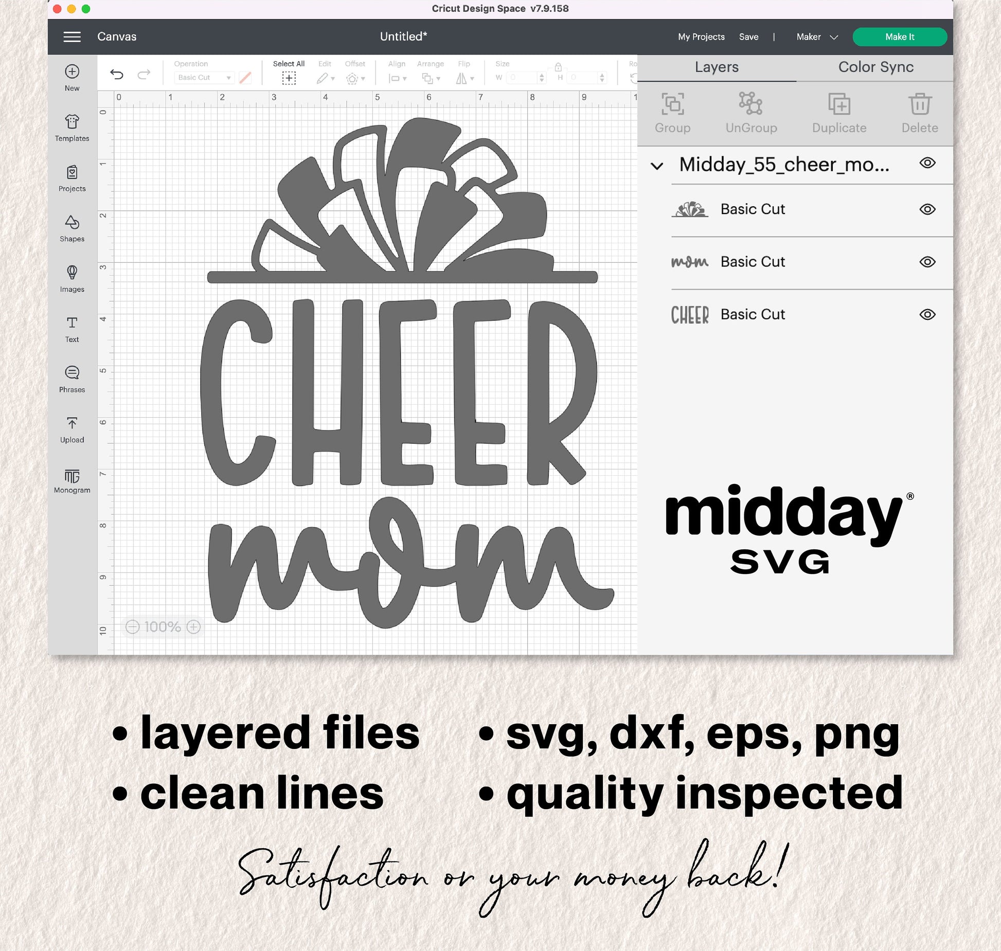 Cheer Mom SVG design in Cricut software showing layered files and formats for crafting.