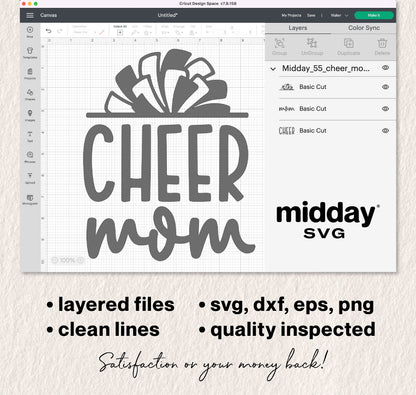 Cheer Mom SVG design in Cricut software showing layered files and formats for crafting.