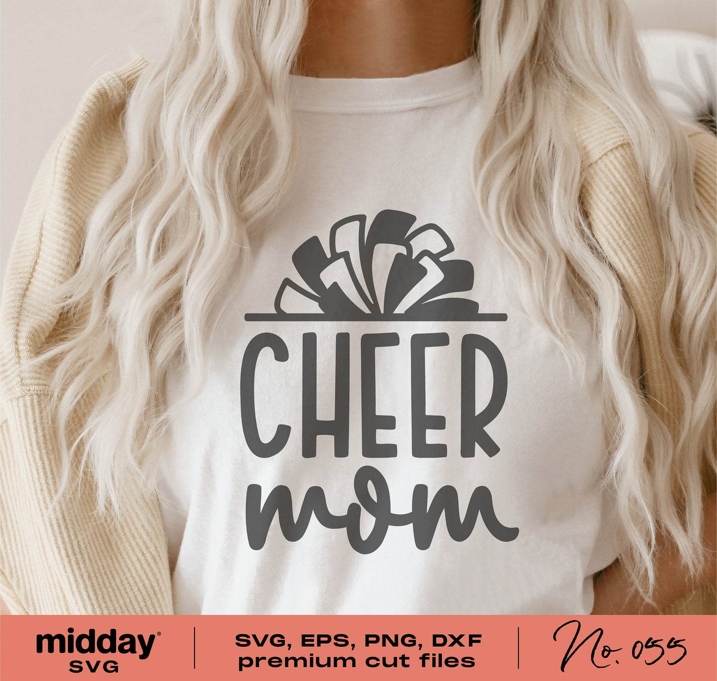 Cheer Mom shirt with pom pom design, featuring SVG, PNG, DXF, EPS files for Cricut and Silhouette crafting.