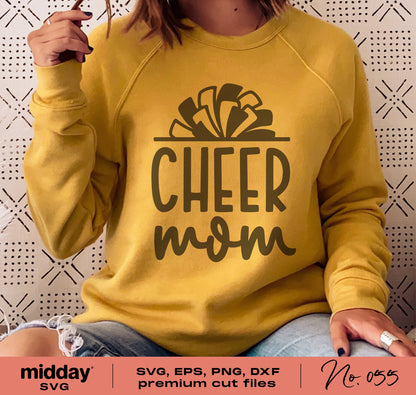 Yellow sweatshirt featuring 'Cheer Mom' design with pom pom graphic, suitable for Cricut and Silhouette crafting, SVG, PNG, DXF, EPS files included.