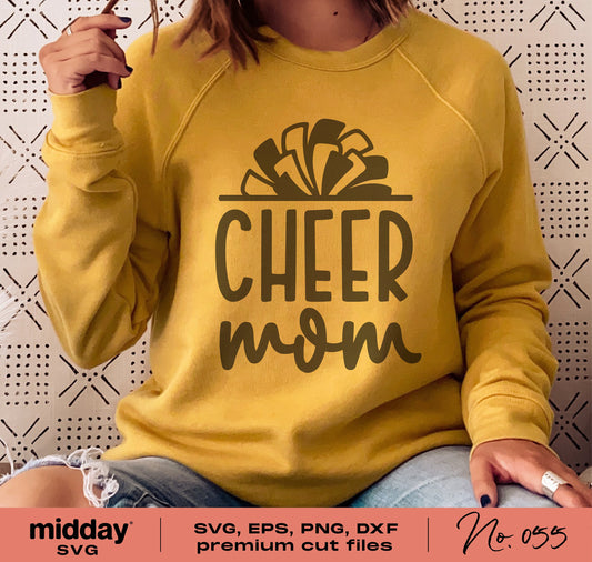 Yellow sweatshirt featuring 'Cheer Mom' design with pom pom graphic, suitable for Cricut and Silhouette crafting, SVG, PNG, DXF, EPS files included.