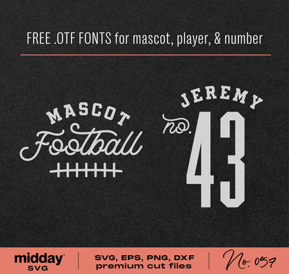 Football team shirt template featuring mascot, player name Jeremy, and number 43, with free OTF fonts for custom designs.