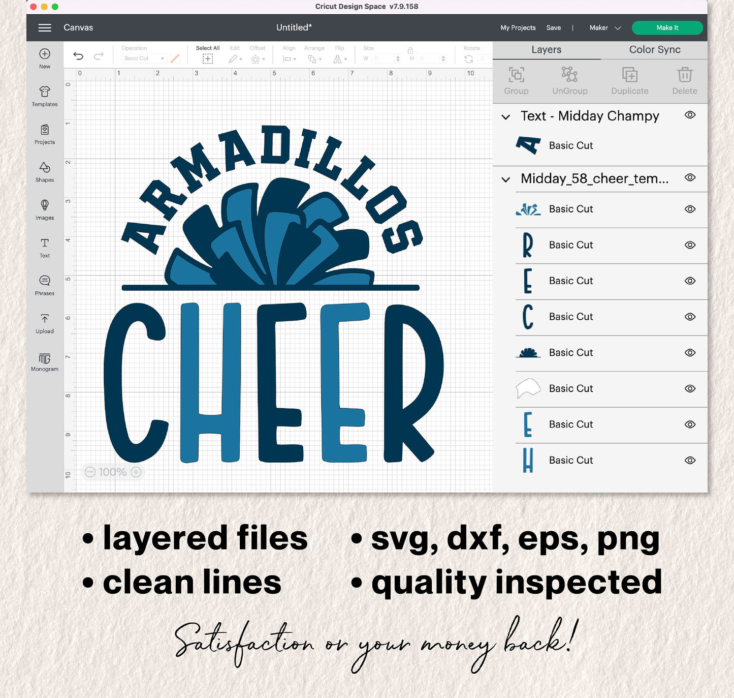 Cheerleader team template with pom pom, SVG, DXF, EPS, PNG formats, layered files, compatible with Cricut and Silhouette.